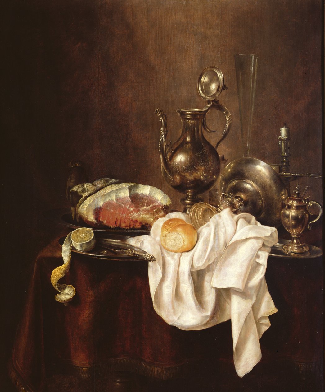 Stilleben af skinke og sølvplade af Willem Claesz. Heda