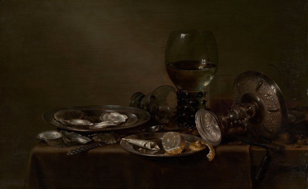 Stilleben med østers, en sølv Tazza og glasvarer, 1635. af Willem Claesz. Heda