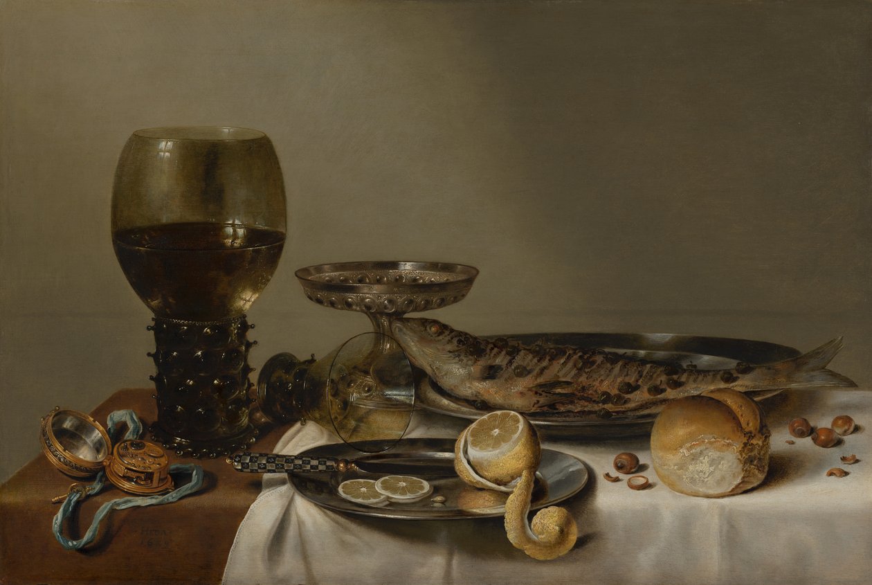 Stilleben med en romer og et ur af Willem Claesz. Heda
