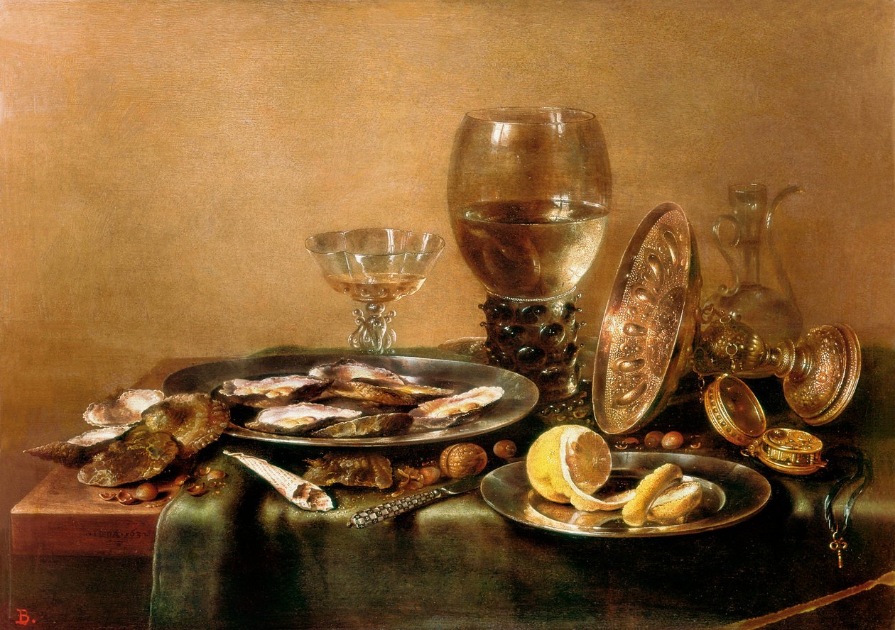 Stilleben sammensat af østers, citron, glas og guldservice af Willem Claesz. Heda
