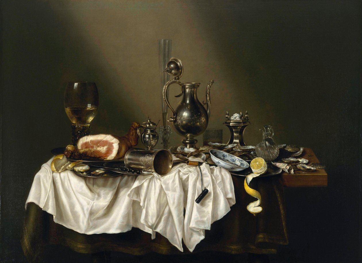 ""Table de banket avec jambon"" (Banquetstykke med skinke) Peinture de Willem Claesz (Claeszoon) Heda (1594-1680) - 1656 - Olie på lærred Dim 111x152 cm Museum of Fine Arts, Houston af Willem Claesz. Heda