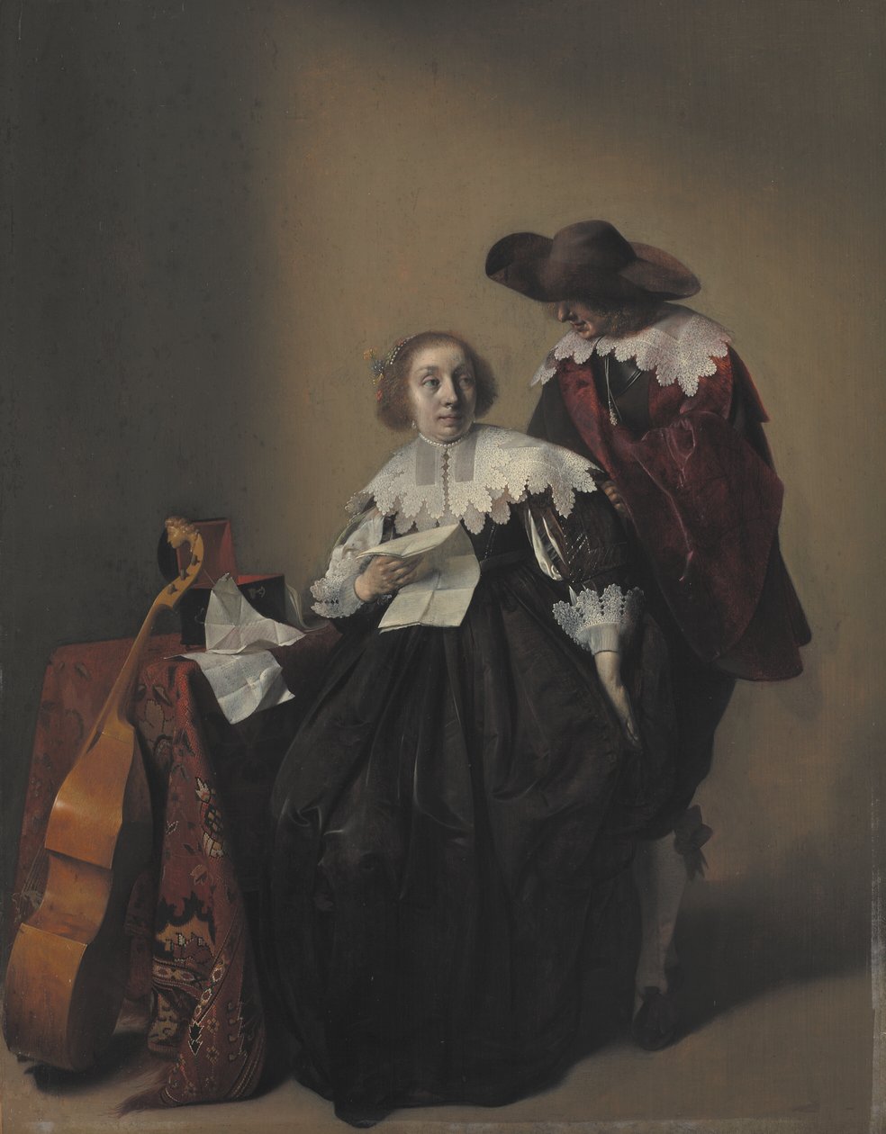 En siddende kvinde med et brev, en herre, der står ved hende af Willem Cornelisz Duyster