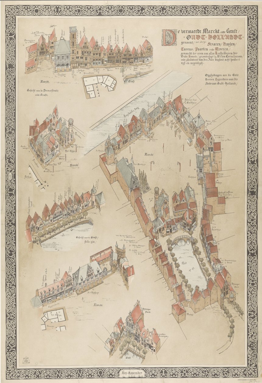 Kort over Old Holland, 1895 De vermaerde Marckt ende Graft / Oudt-Hollandt navngivet / med alle syn Straten / Huysen (...) lavet til ære for alle elskere af den gamle kunst (...). (titel på objekt) af Willem Corneliszoon
