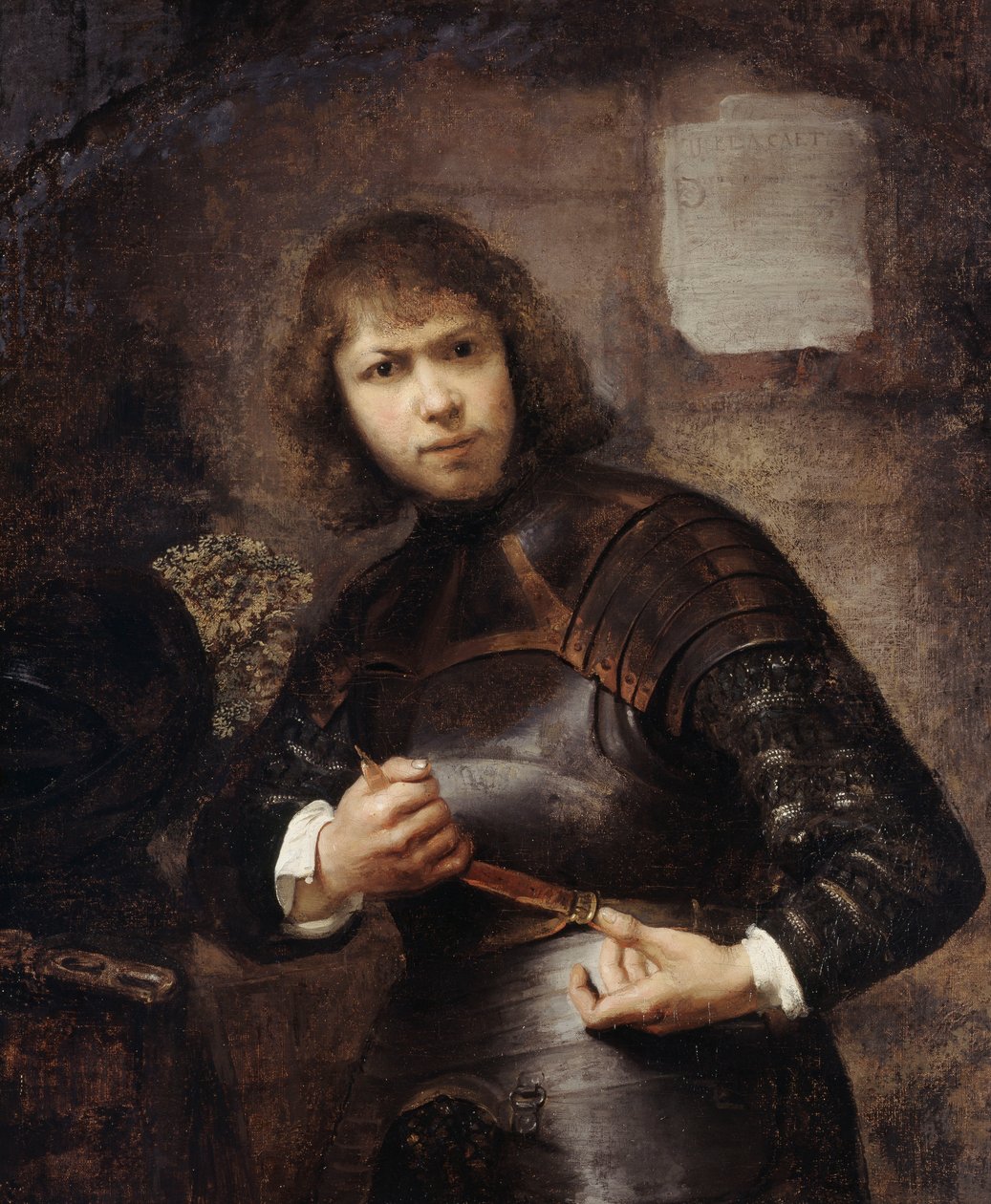 En soldat, der står i trekvart længde og spænder sit bælt, af Willem Drost