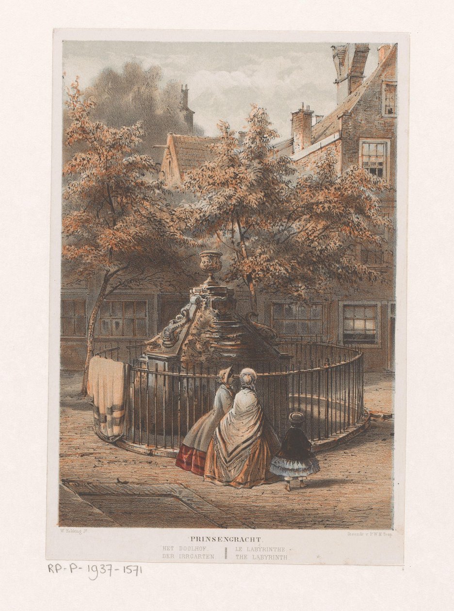 Springvand ved labyrinten i Amsterdam Prinsengracht labyrinten / der Irrgarten / le labyrinthe / labyrinten (titel på objektet) af Willem Hekking jr.