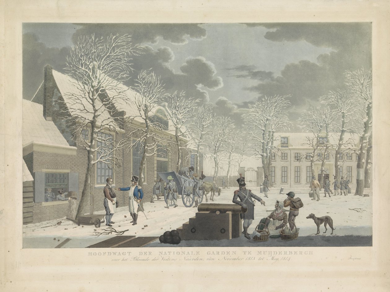 Nationalgardens hovedgarde i Muiderberg, 1813-1814 Hoofdwagt der Nationale Garden i Muijderberch foran Blocade der Vesting Naarden, fra november 1813 til Mey 1814 (titel på objektet) af Willem Hendrik Hoogkamer (attributed to)