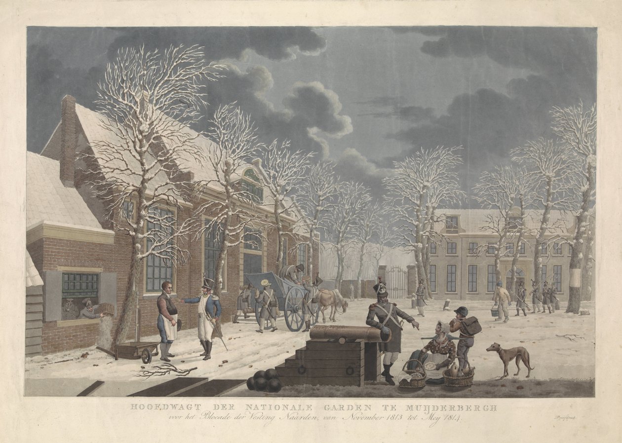Snelandskab med soldater, der taler med civile under belejringen af ​​Naarden Hoofdwagt der nationale have i Muijderbergh foran Blocade der Naarden fæstningen, fra november 1813 til Mey 1814 (titel på objektet) af Willem Hendrik Hoogkamer (attributed to)