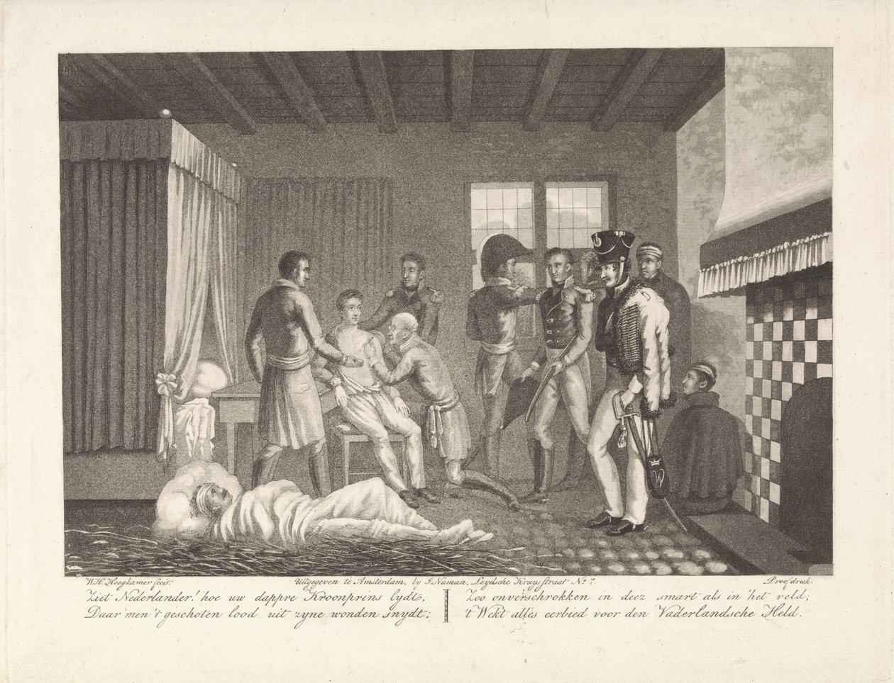 Prins af Orange efter sit sår under medicinsk behandling på felthospitalet, 1815 af Willem Hendrik Hoogkamer
