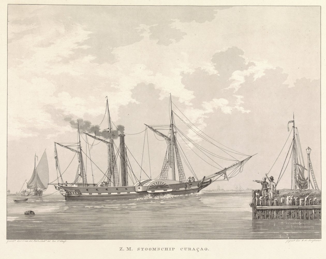 Hjuldamper ved en kaj Z.M. Steamship Curaçao (titel på objekt) af Willem Hendrik Hoogkamer