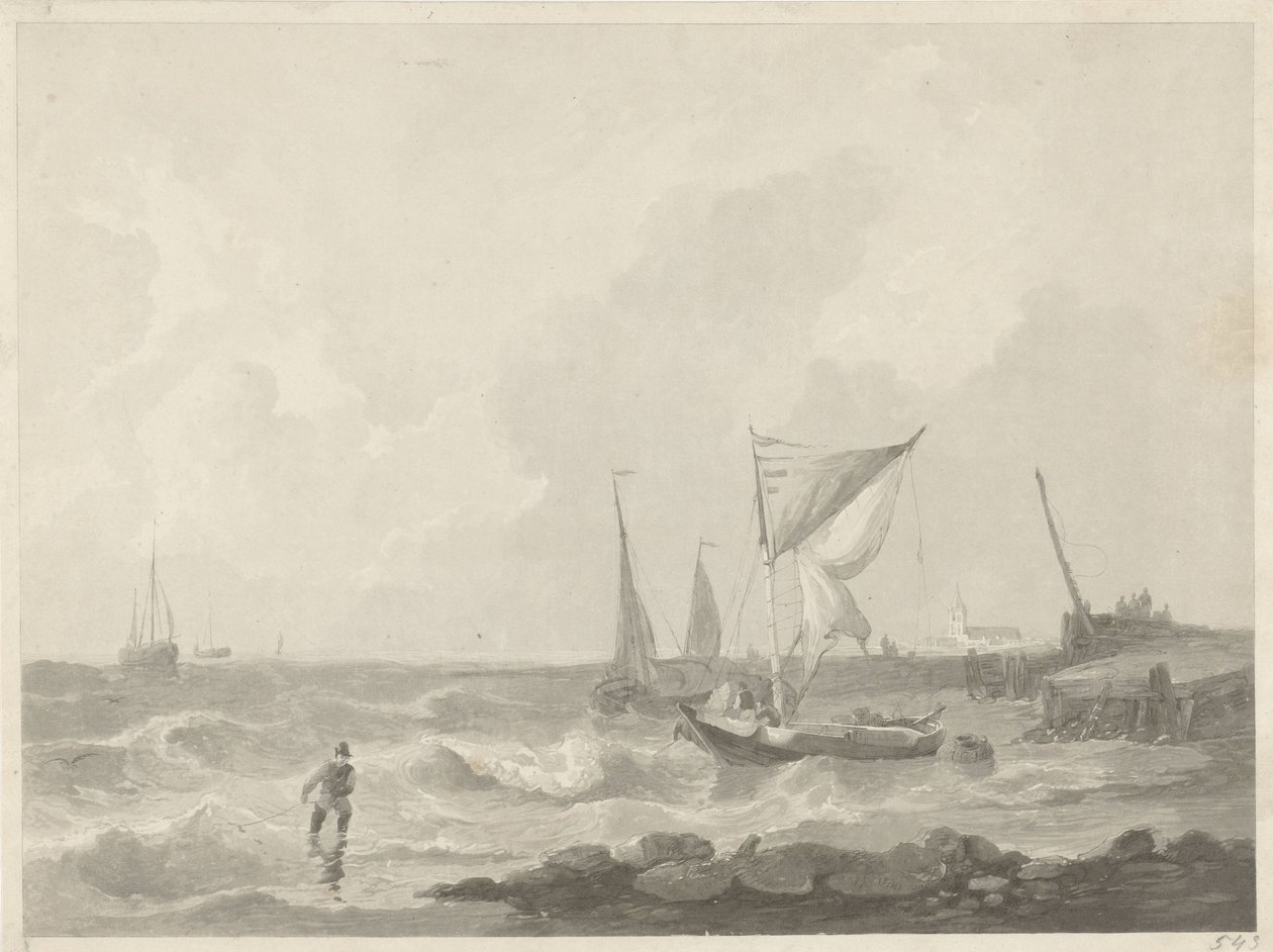 Fiskerbåde ved et havnehoved af Willem Hendrik Hoogkamer