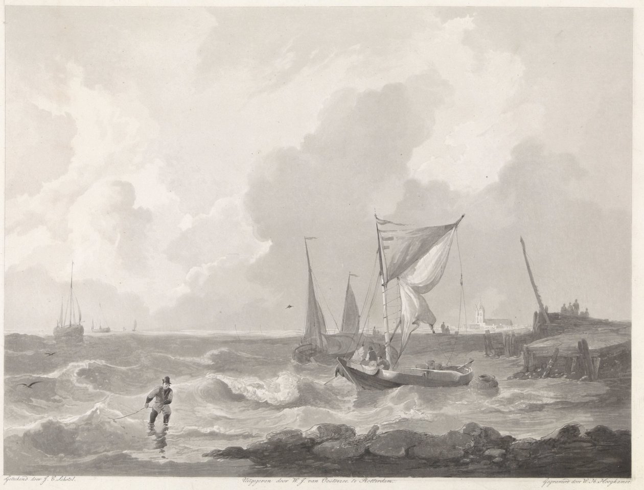 Fiskerbåde ved et havnehoved af Willem Hendrik Hoogkamer