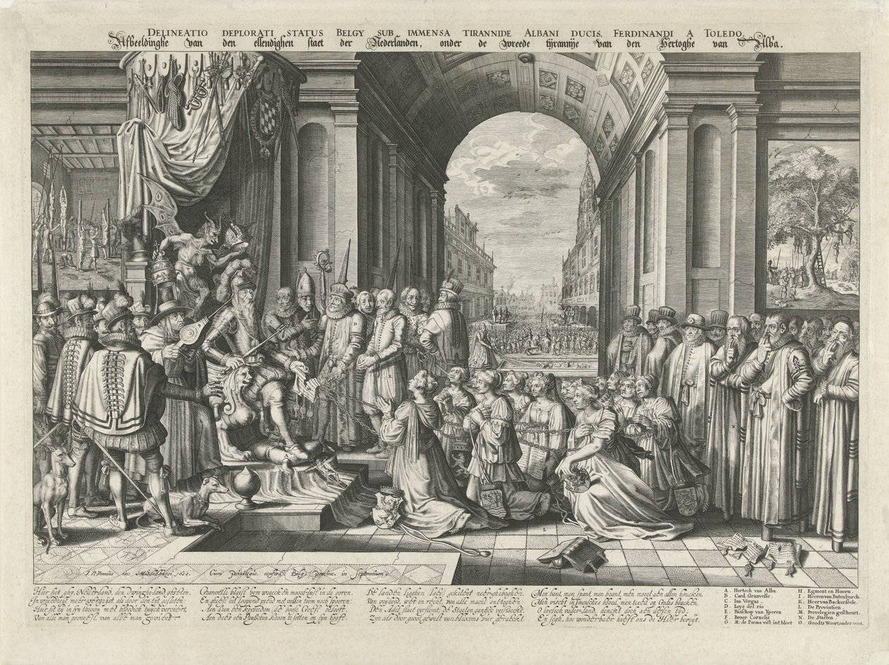 Tyranni af Alba, ca. 1569 Delineatio deplorati status Belgien sub immensa tyrannide Albani ducis, Ferdinandi a Toledo (titel på objektet) Billede af den elendige stat Holland, under Hertoghe of Albas grusomme tyranni (titel på af Willem Jacobsz Delff (attributed to)