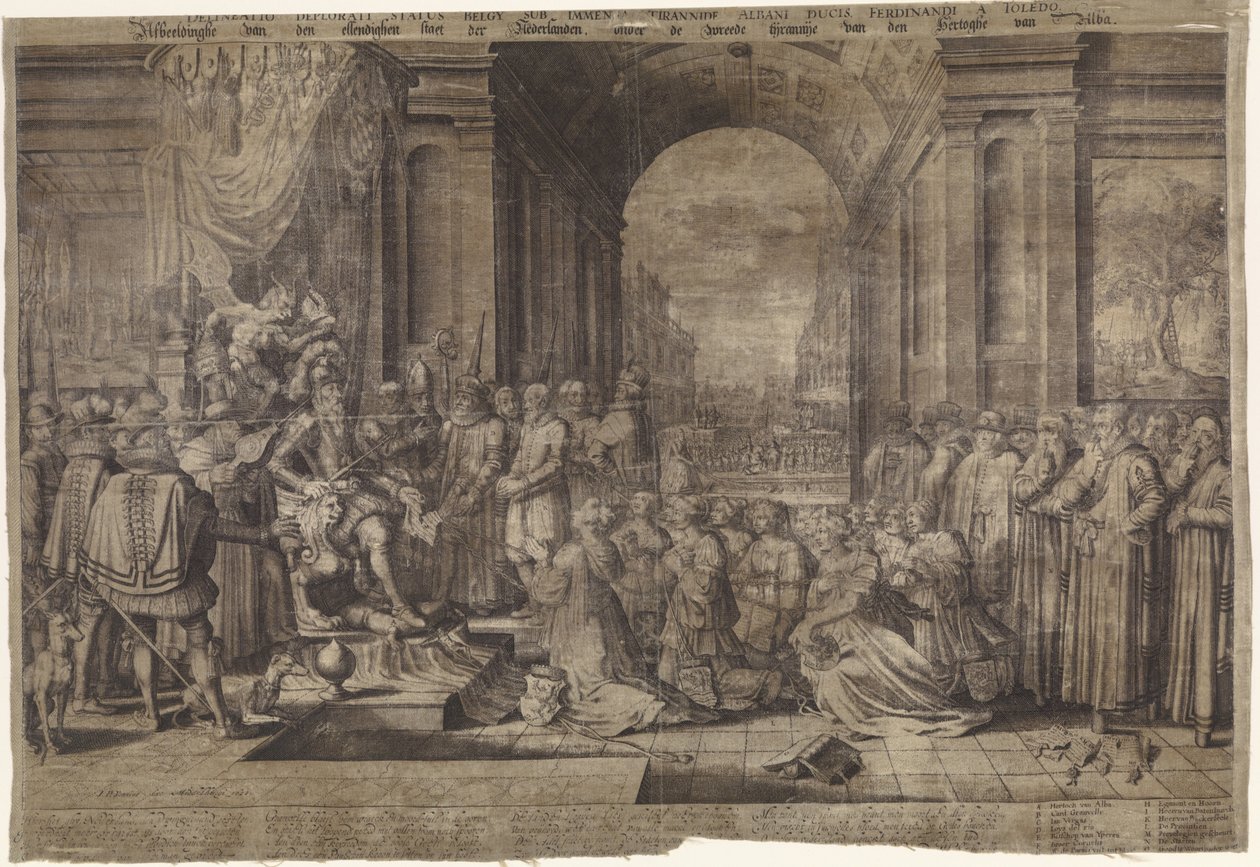 Alvas tyranni Billede af den elendige stat Holland, under hertugen af ​​Albas grusomme tyranni (titel på objekt) Delineatio deplorati status belgien sub immensa tyrannide Albani ducis Fernandi a Toledo (titel på objekt) af Willem Jacobsz Delff