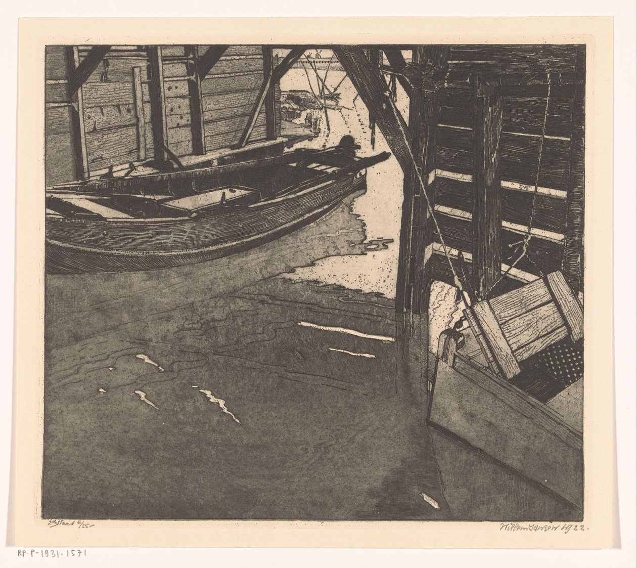 Interiør af pramhus med fiskekort og pram med indbygget fiskekort af Willem Jansen (graveur) (signed by artist)