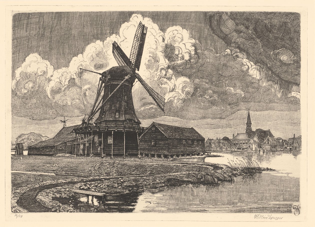 Windmill de Bonte Hen af Willem Jansen (graveur) (signed by artist)