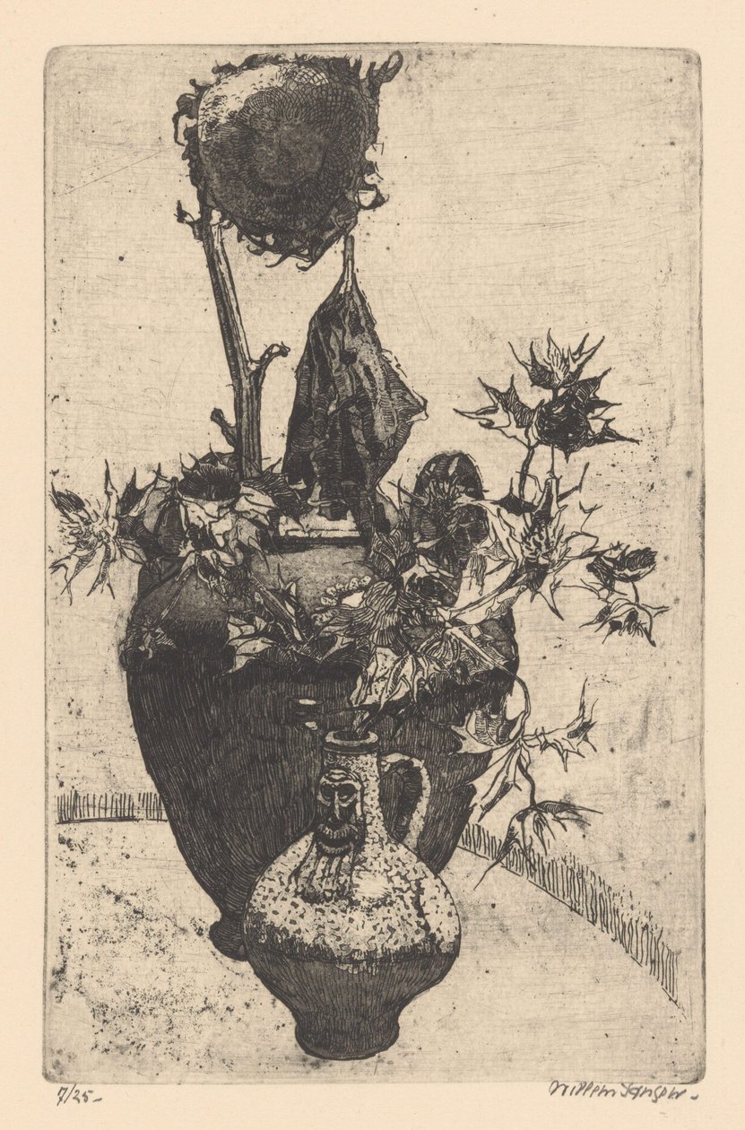 Stilleben med visne solsikke af Willem Jansen (graveur) (signed by artist)