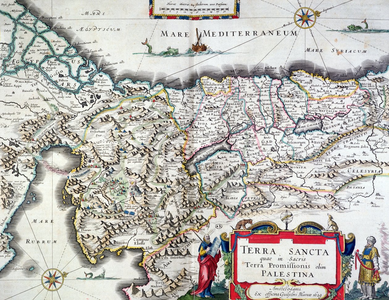 Kort over det hellige land, udgivet i Amsterdam, 1629 (farvegravering) af Willem Janszoon Blaeu