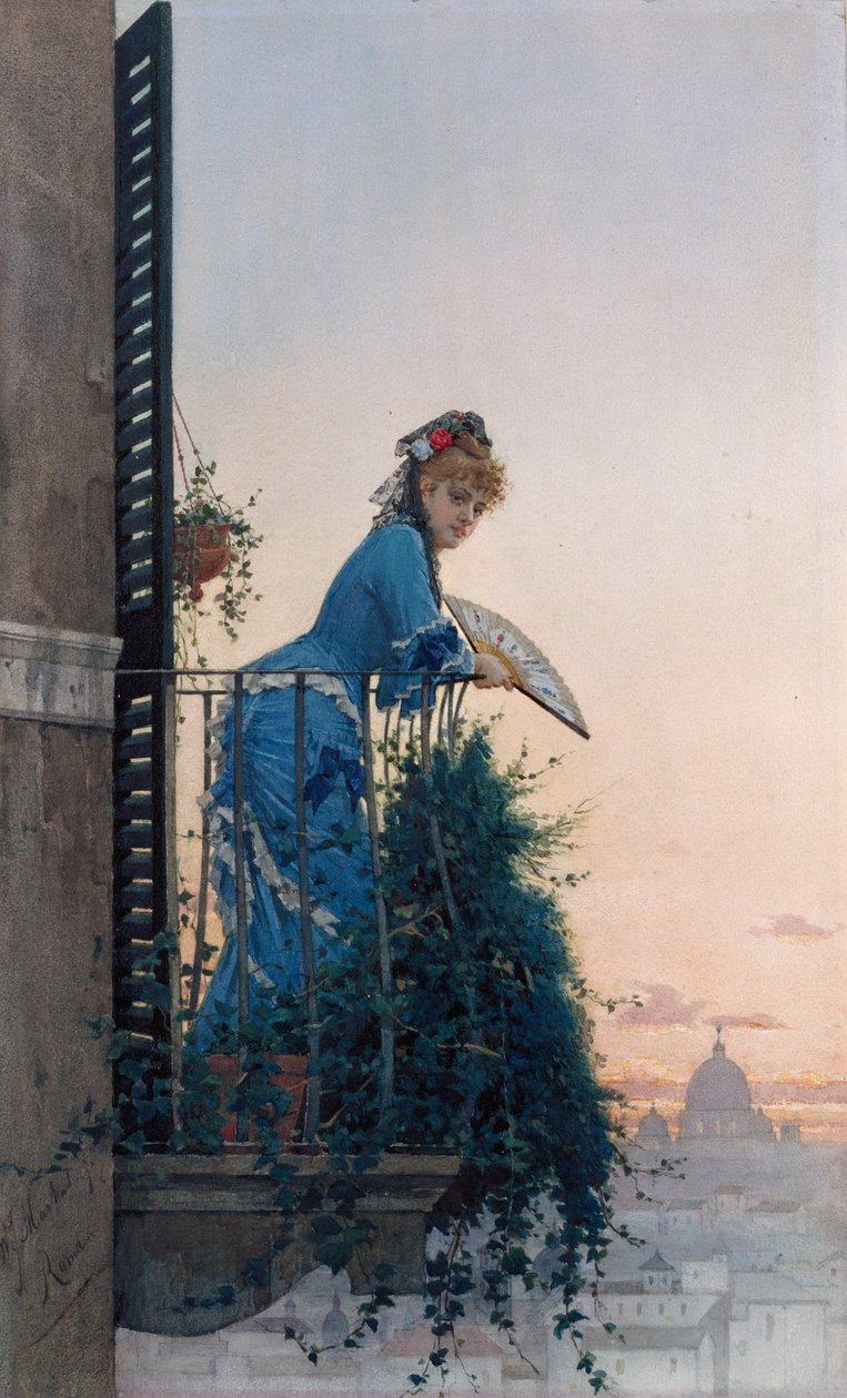 En elegant skønhed på en balkon med udsigt over Rom, med Petersdomen i det fjerne af Willem Johannes Martens