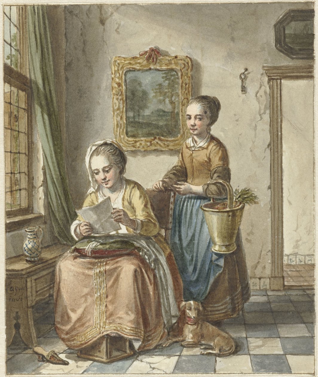 Siddende kvinde med stuepige, læser et brev af Willem Joseph Laquy