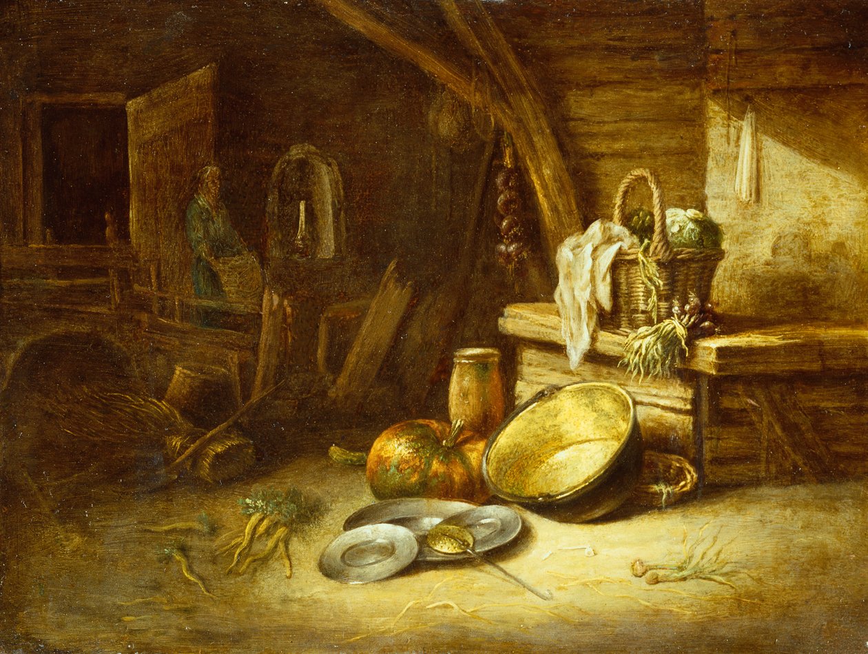 Et køkken med grøntsager i en flettet kurv, tintallerkener og et græskar (olie på kobber) af Willem Kalf