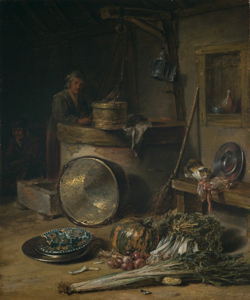Bondeinteriør med kvinde ved en brønd, ca. 1642-43 (olie på panel) af Willem Kalf