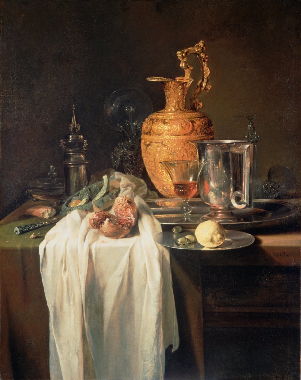 Stilleben med øsekar, kar og granatæble af Willem Kalf
