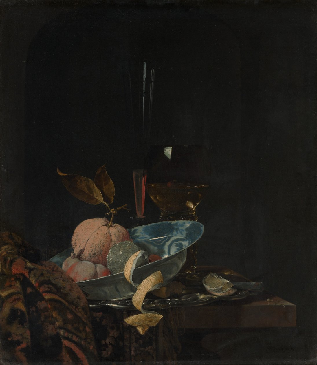 Stadig liv med frugt, glasvarer og en wanli -skål, 1659. af Willem Kalf