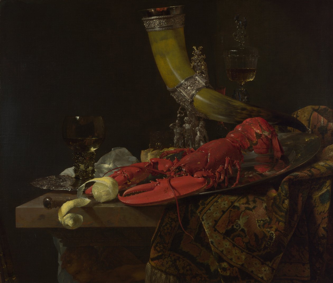Stilleben med drikkehornet fra Saint Sebastian Archers Guild, hummer og briller, ca. 1653 af Willem Kalf