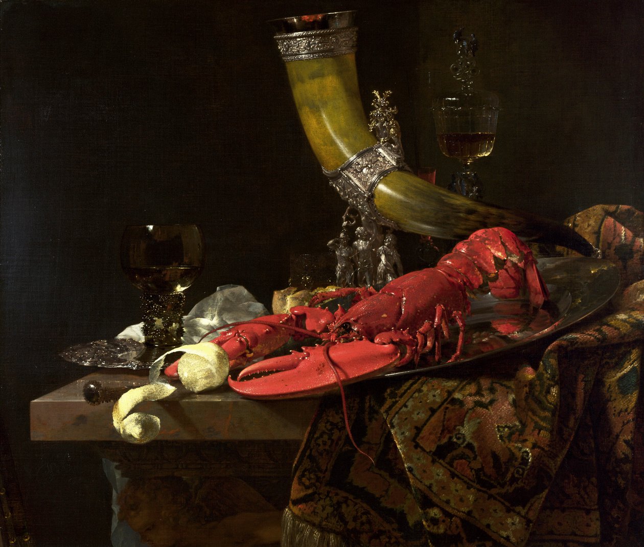 Stilleben med drikkehornet fra St. Sebastian Bueskytterlauget, hummer og briller, ca. 1653 (olie på lærred) af Willem Kalf