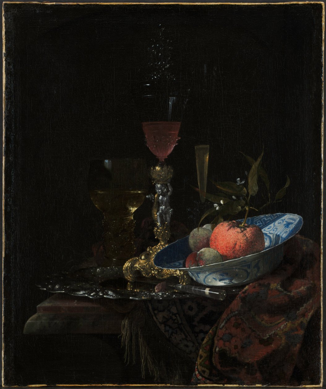 Vinglas og en skål med frugt af Willem Kalf