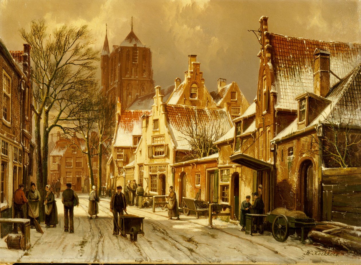 En vintergadescene af Willem Koekkoek