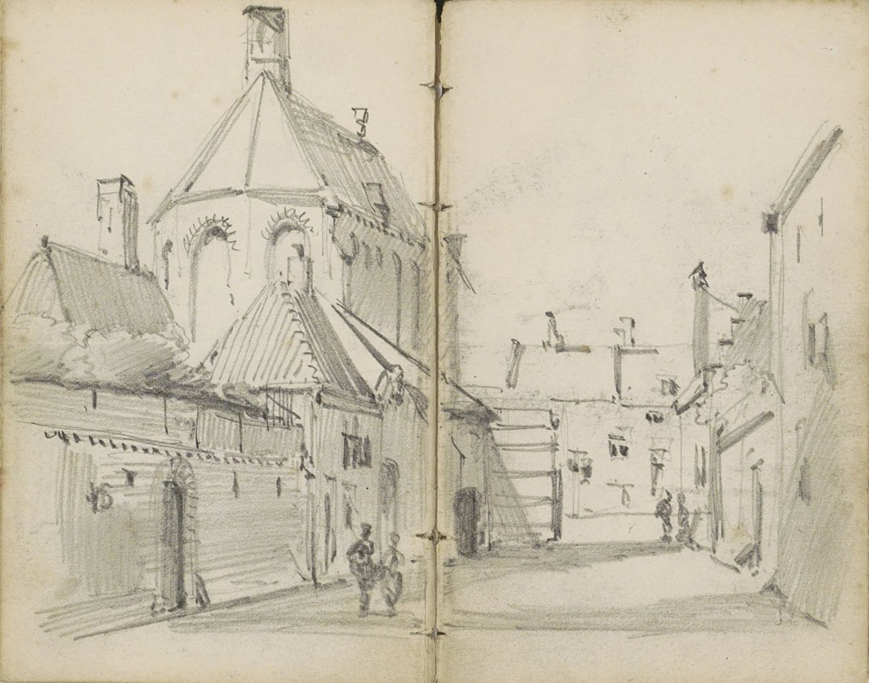 Landsbygade med en kirke og figurer af Willem Koekkoek