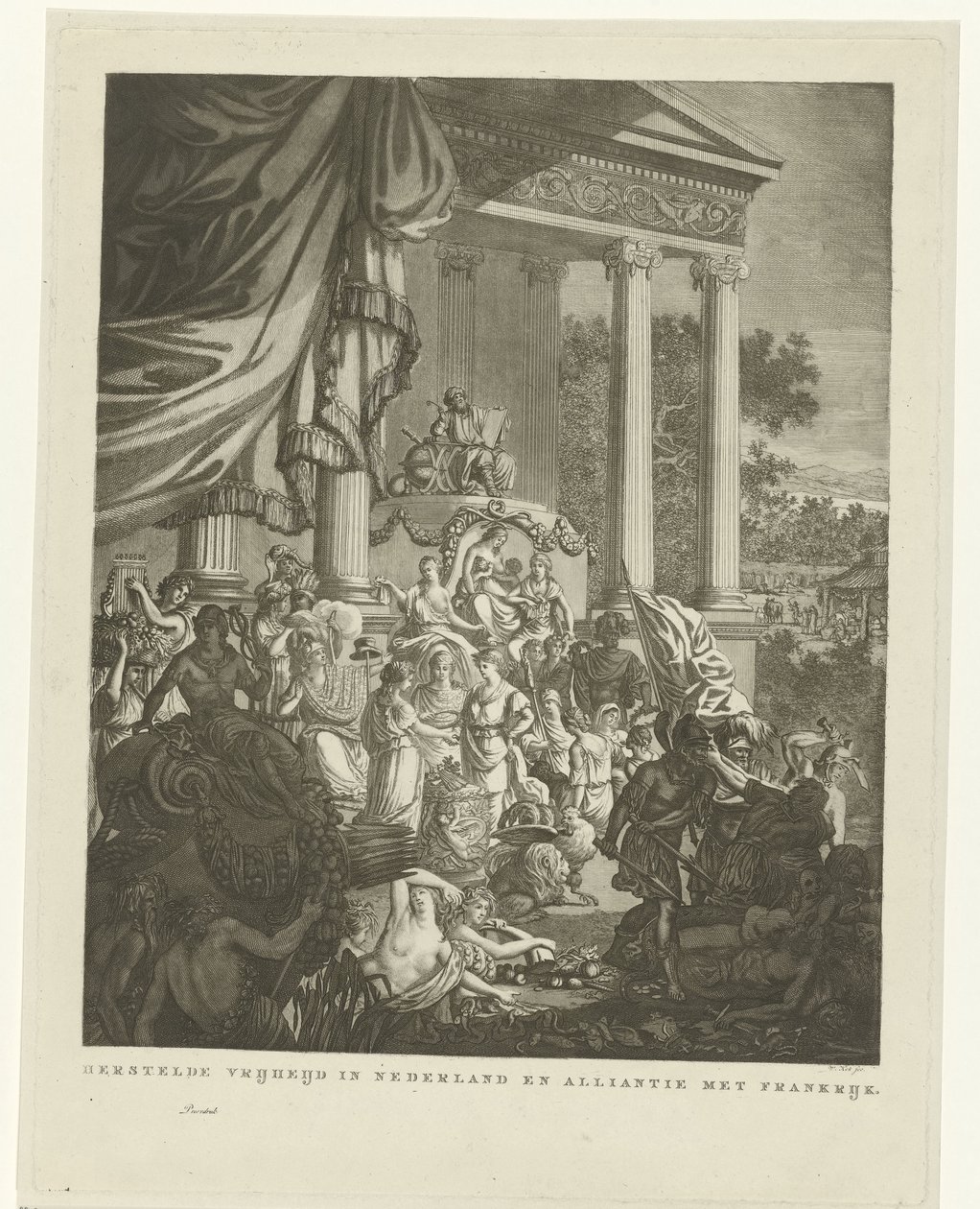 Allegorisk fremstilling af alliancen mellem Holland og Frankrig, 1795 Gendannet frihed i Holland og alliance med Frankrig (titel på objekt) af Willem Kok