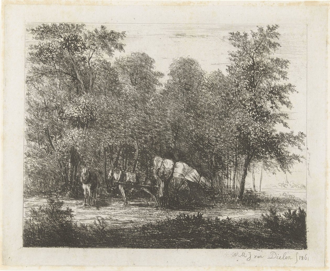 Landskab med en mand med en fuldt læsset vogn og en spændt hest af Willem Matthias Jan van Dielen