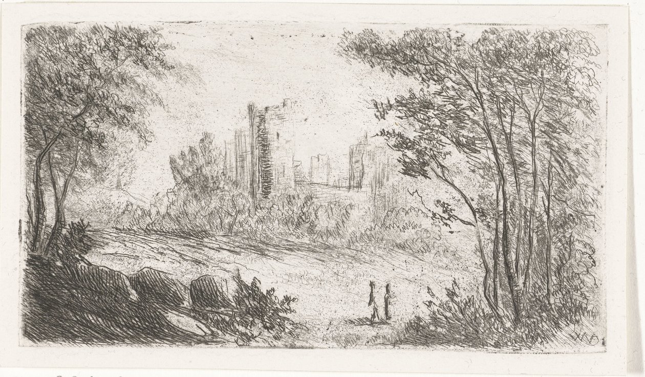 Landskab med borgruiner og to figurer af Willem Matthias Jan van Dielen