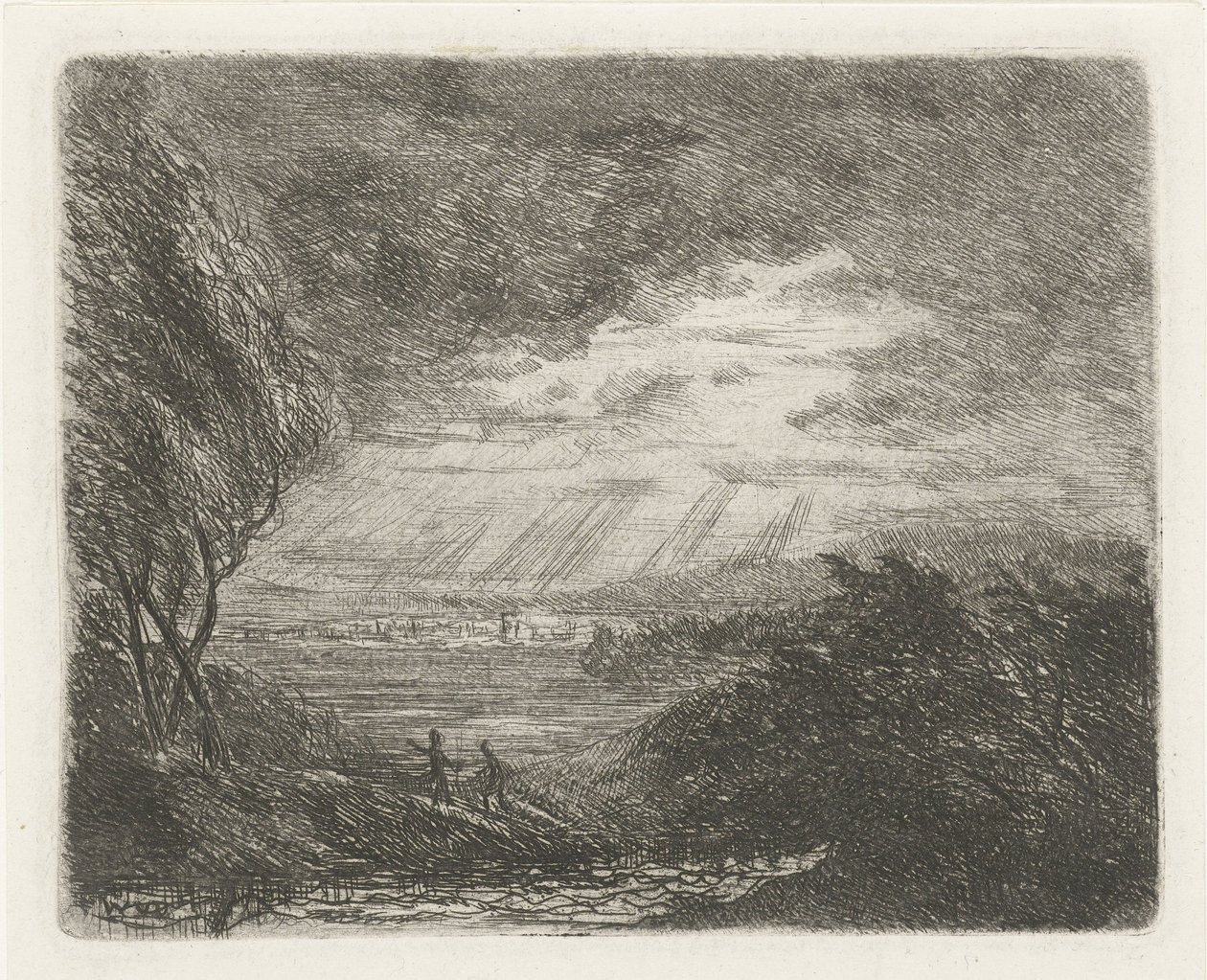Landskab med to figurer i storm og regn af Willem Matthias Jan van Dielen