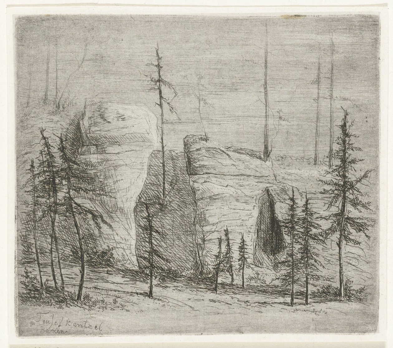 Klippelandskab med nåletræer, den såkaldte Teufelkanzel Teufelkantzel Baxen (titel på objekt) af Willem Matthias Jan van Dielen