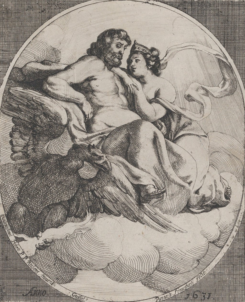 Jupiter og Juno sad på skyer med en ørn, der holder tordenskyder under til venstre, 1631. af Willem Panneels
