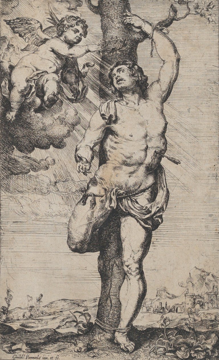 Sankt Sebastians martyrium, med engle, der kroner ham øverst til venstre, ca. 1620-32.. af Willem Panneels