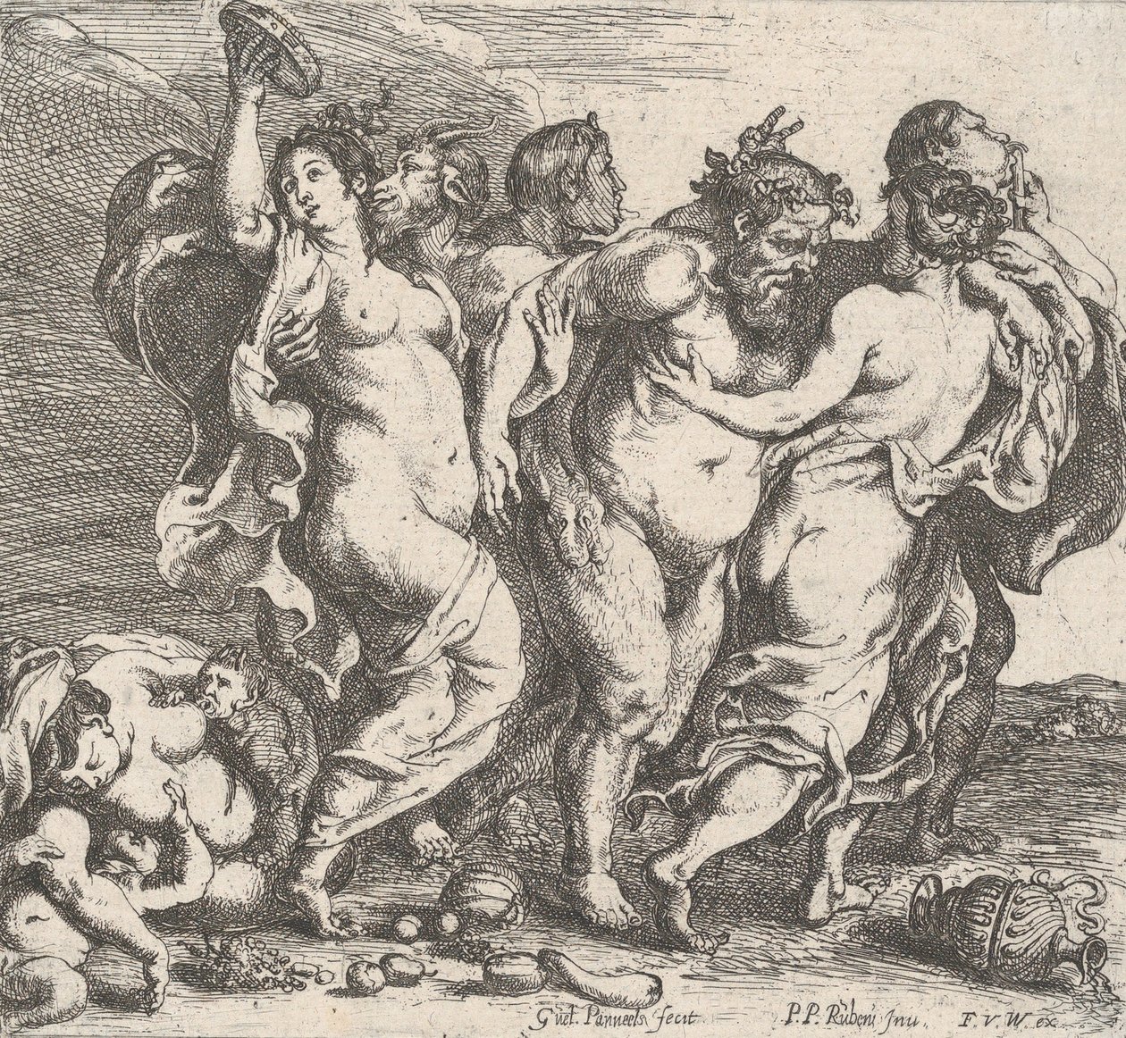 Den berusede Silenus, ledsaget af nymfer og satyrer, 1632. af Willem Panneels