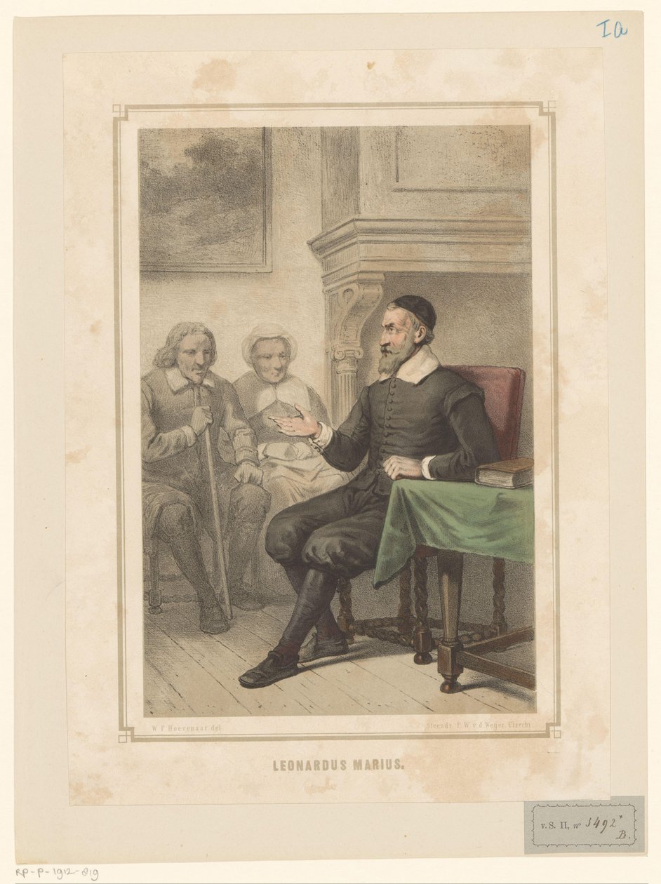 Leonardus Marius van der Goes henvender sig til en mand og en kvinde Leonardus Marius (titel på objekt) af Willem Pieter Hoevenaar