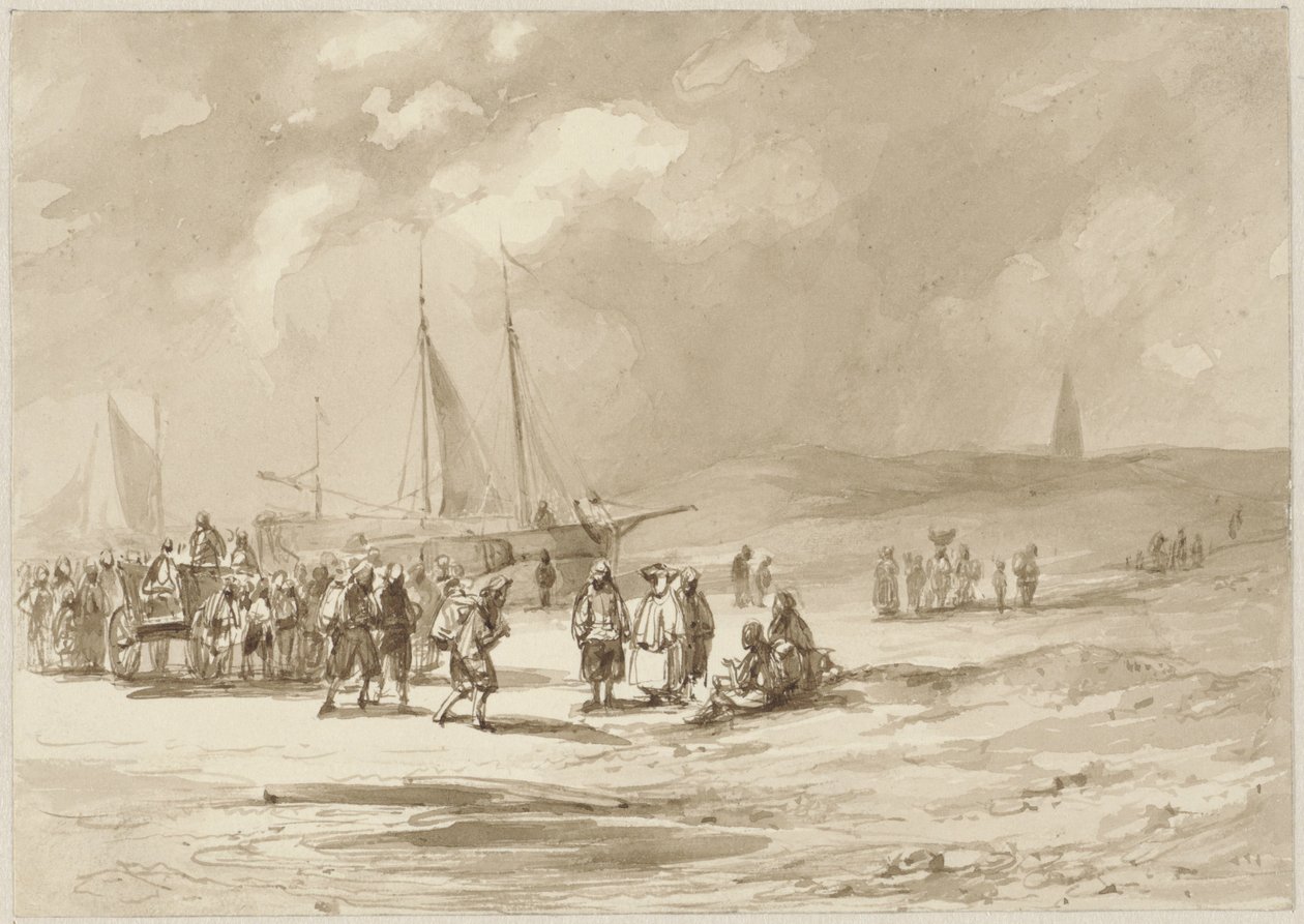Strand med fiskere af Willem Pieter Hoevenaar