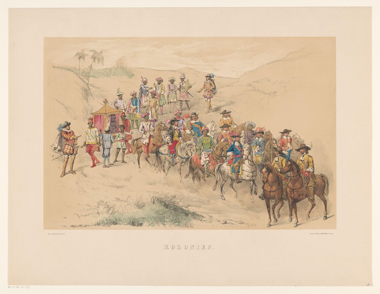 Fjerde gruppe af Utrecht maskerade i 1856 Kolonier (titel på objekt) Vort fædreland omkring midten af ​​1600-tallet, foreslået af H.H. studerende, medlemmer af Mutua Fides, til fejring af 220-året for Utrechtsche Hoogeschool, 25. jun. af Willem Pieter Hoevenaar