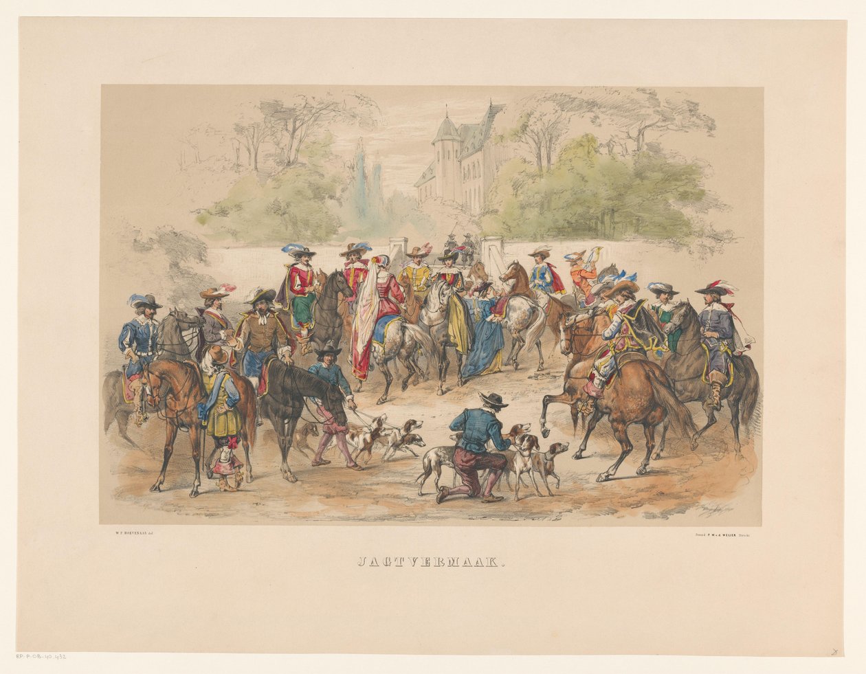 Syvende gruppe af maskerade i Utrecht i 1856 Jagtunderholdning (titel på objekt) Vort fædreland omkring midten af ​​1600-tallet, foreslået af H.H. studerende, medlemmer af Mutua Fides, til fejring af 220-året for Utrechtsche Hoogeschool, den 25. af Willem Pieter Hoevenaar