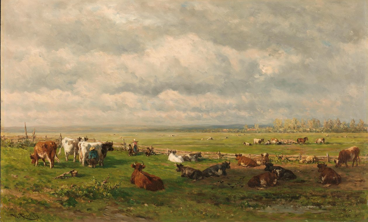 Englandskab med kreaturer Weidelandschap met vee af Willem Roelofs (I)
