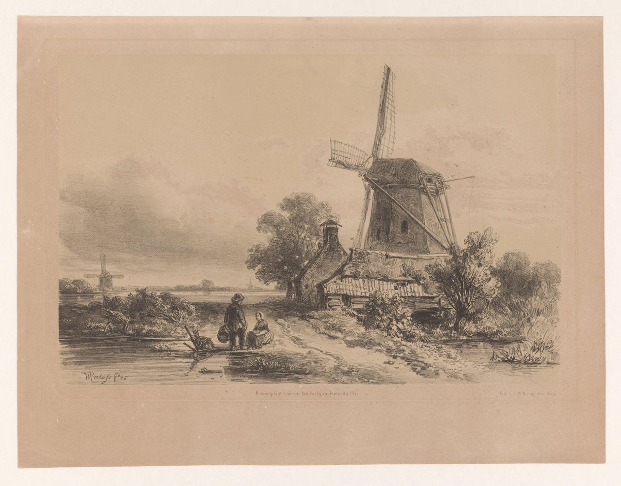 Vindmølle i et landskab med to figurer af Willem Roelofs (I)