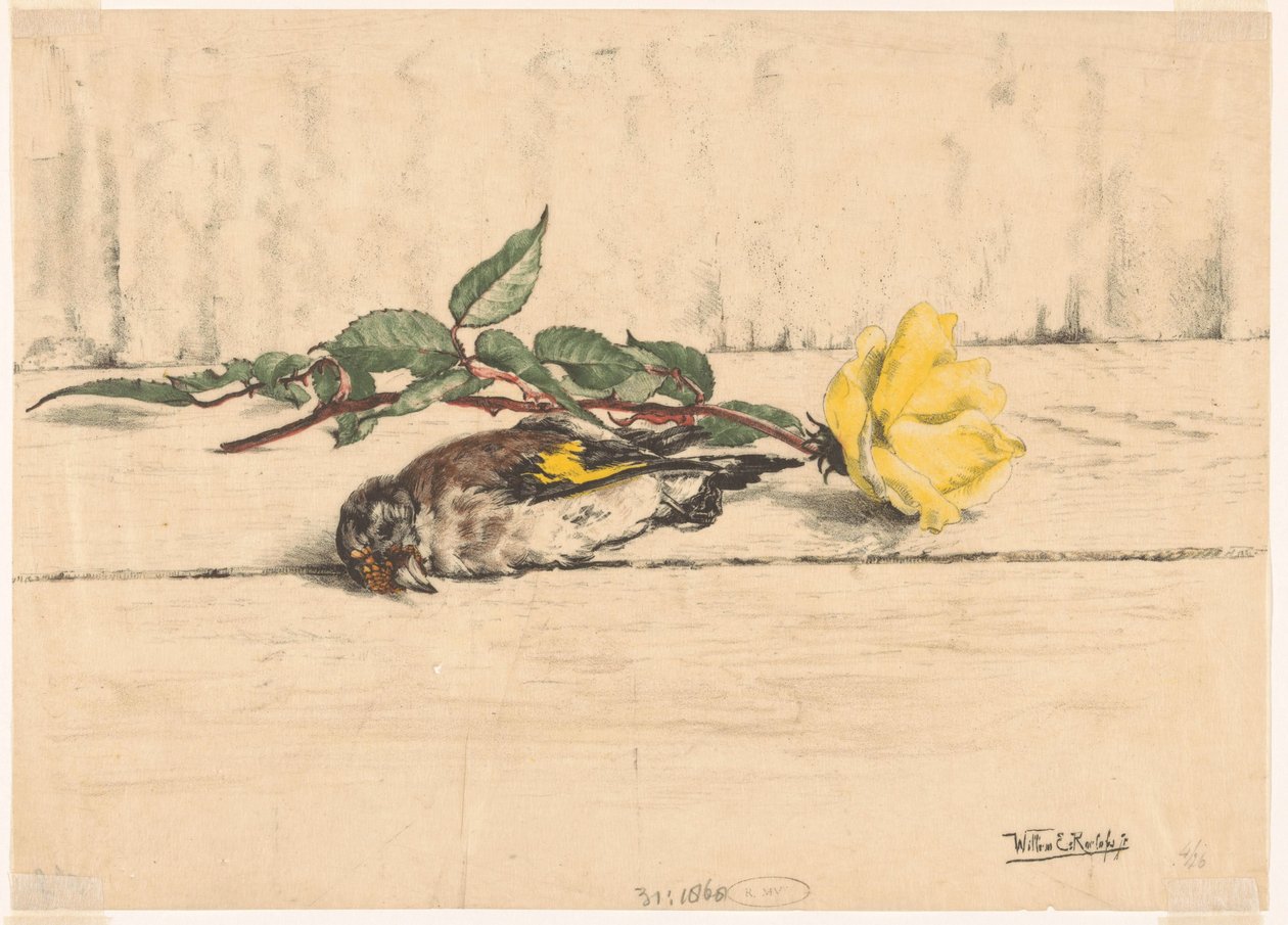 Død guldfink liggende ved siden af ​​en rose af Willem Roelofs (II) (signed by artist)