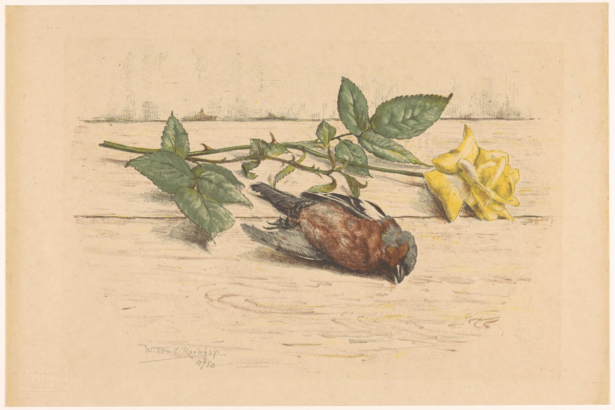Død finke liggende ved siden af ​​en rose af Willem Roelofs (II) (signed by artist)