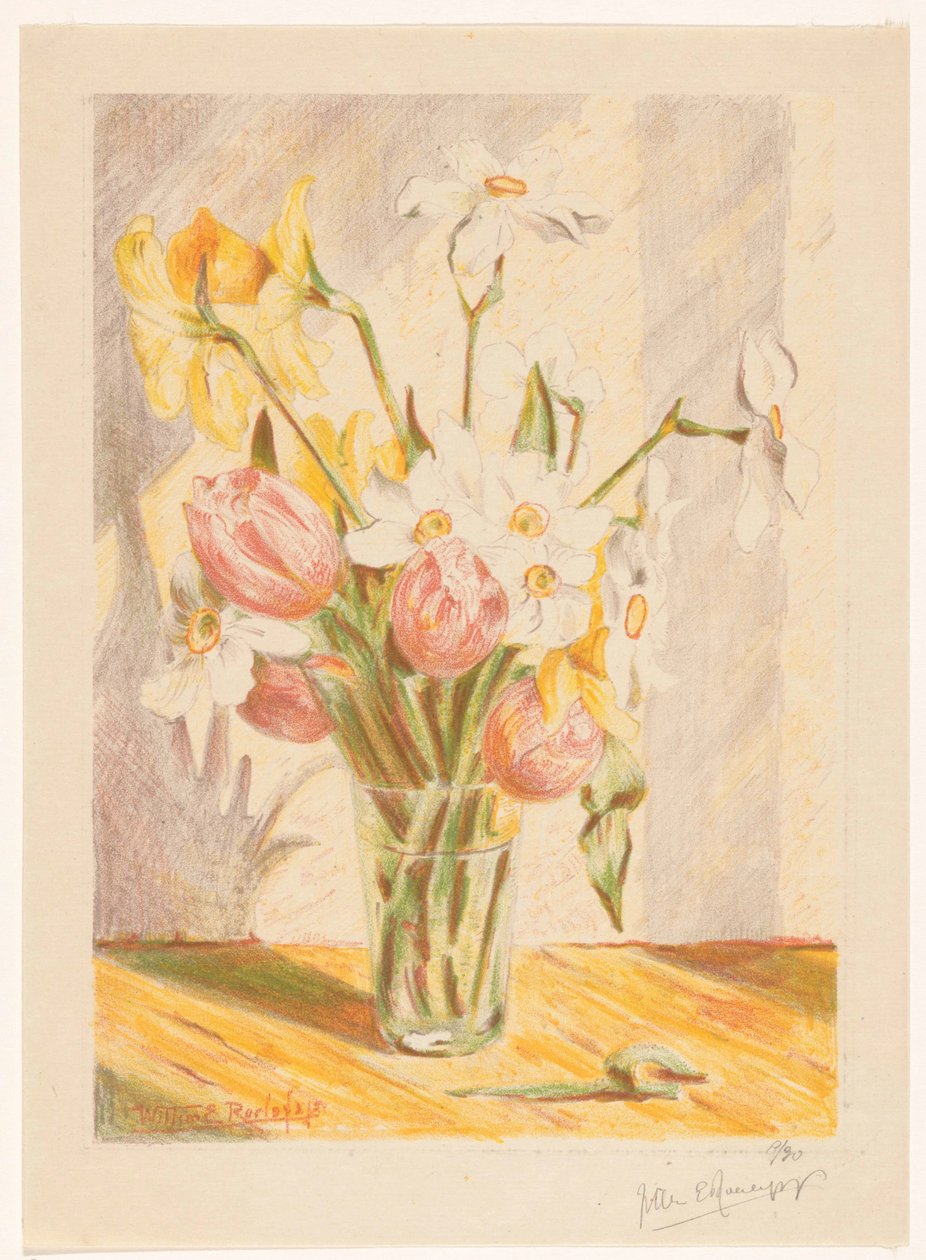 Tulipaner og påskeliljer i en vase af Willem Roelofs (II) (signed by artist)