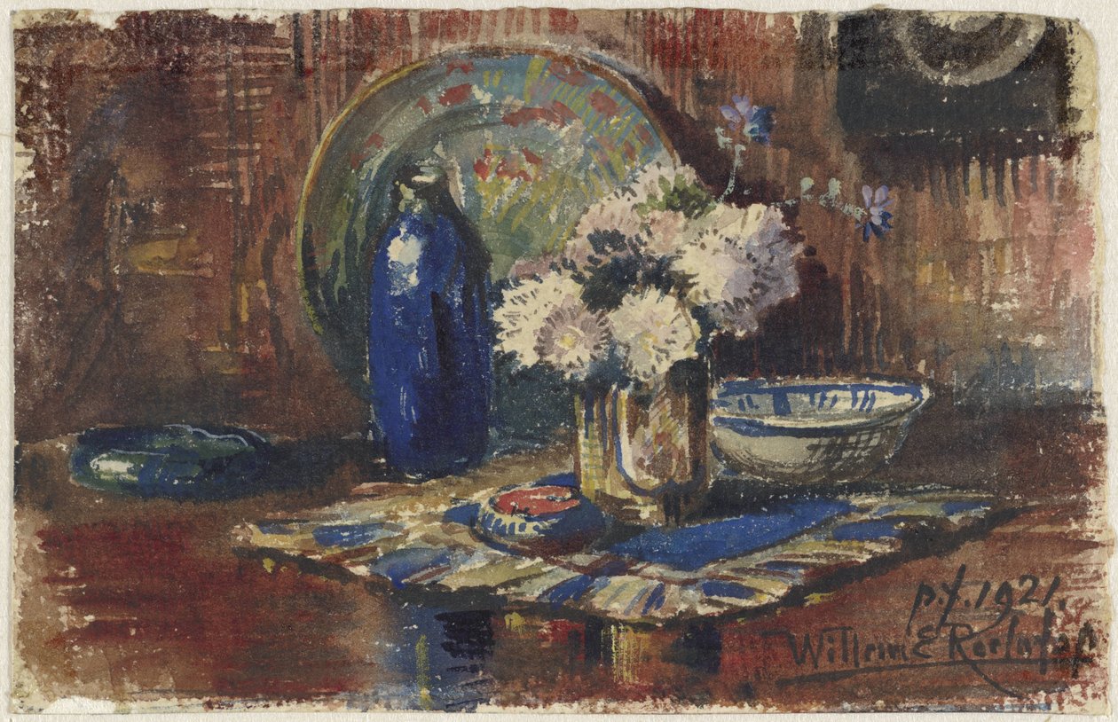 Stilleben med blå flaske og vase med blomster af Willem Roelofs (II)